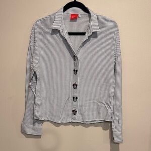 💜Disney Striped Button-Up Cropped Shirt Mickey & Minnie button patches Versatile
